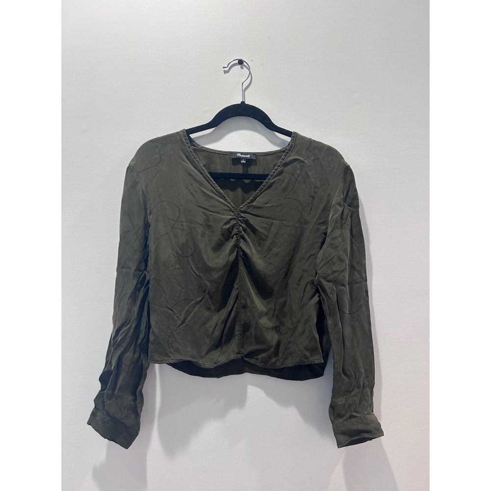 Madewell Blouse Womens 4 Green Floral Ruched V-Neck Long Sleeve Cropped Top